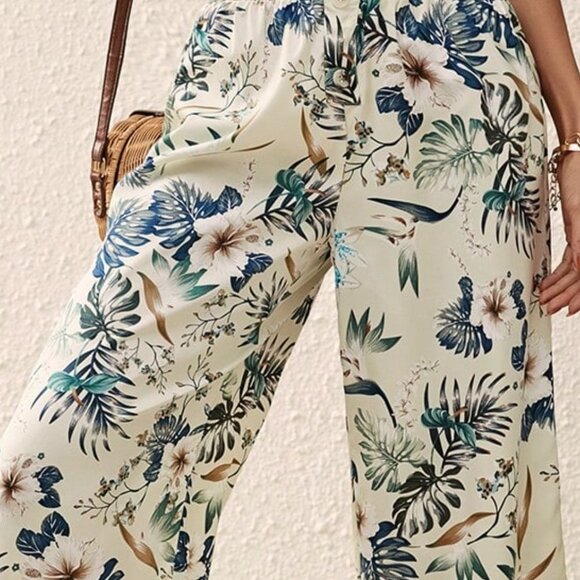 Wide Leg Pants, High Waist Boho Tropical Print Flowy Hippie casual beach pants - Picture 6 of 8